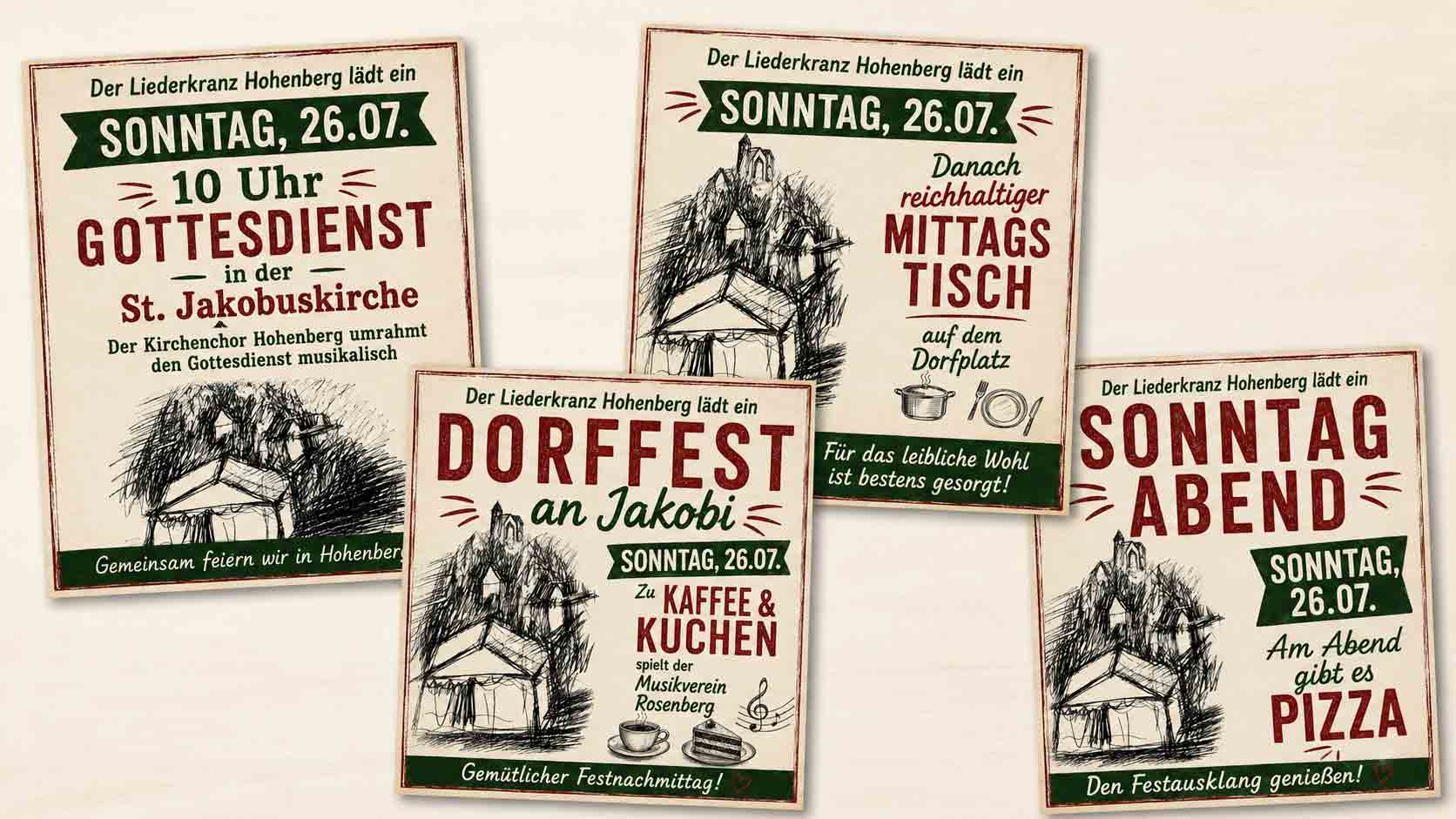 Programm Sonntag 26. Juli – Gottesdienst, Mittagstisch, Kaffee und Kuchen sowie Pizza beim Dorffest an Jakobi